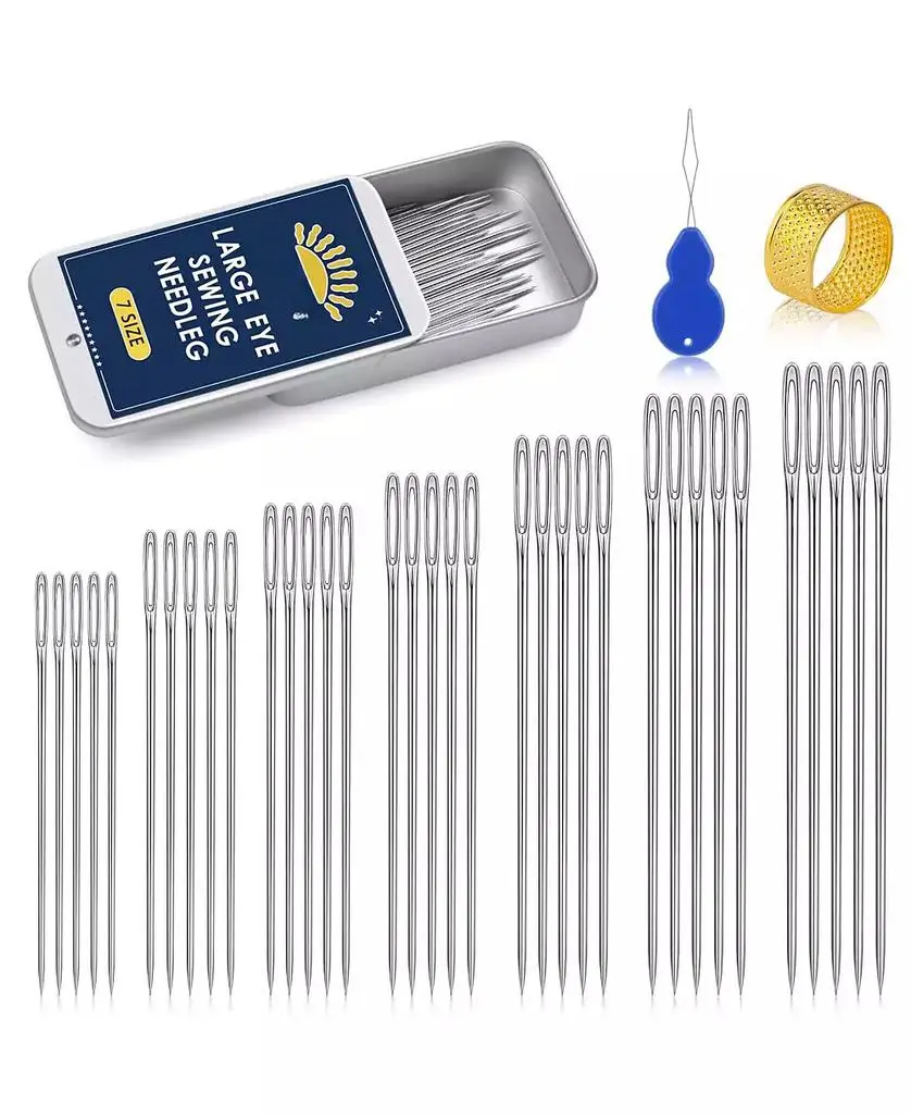 GNUADZ 35pieces Large Eye Sewing Needles Handsewing Leather Embroidery Thread Stainless Steel Yarn Knitting Threader Thimble Crafts Repair Quilting