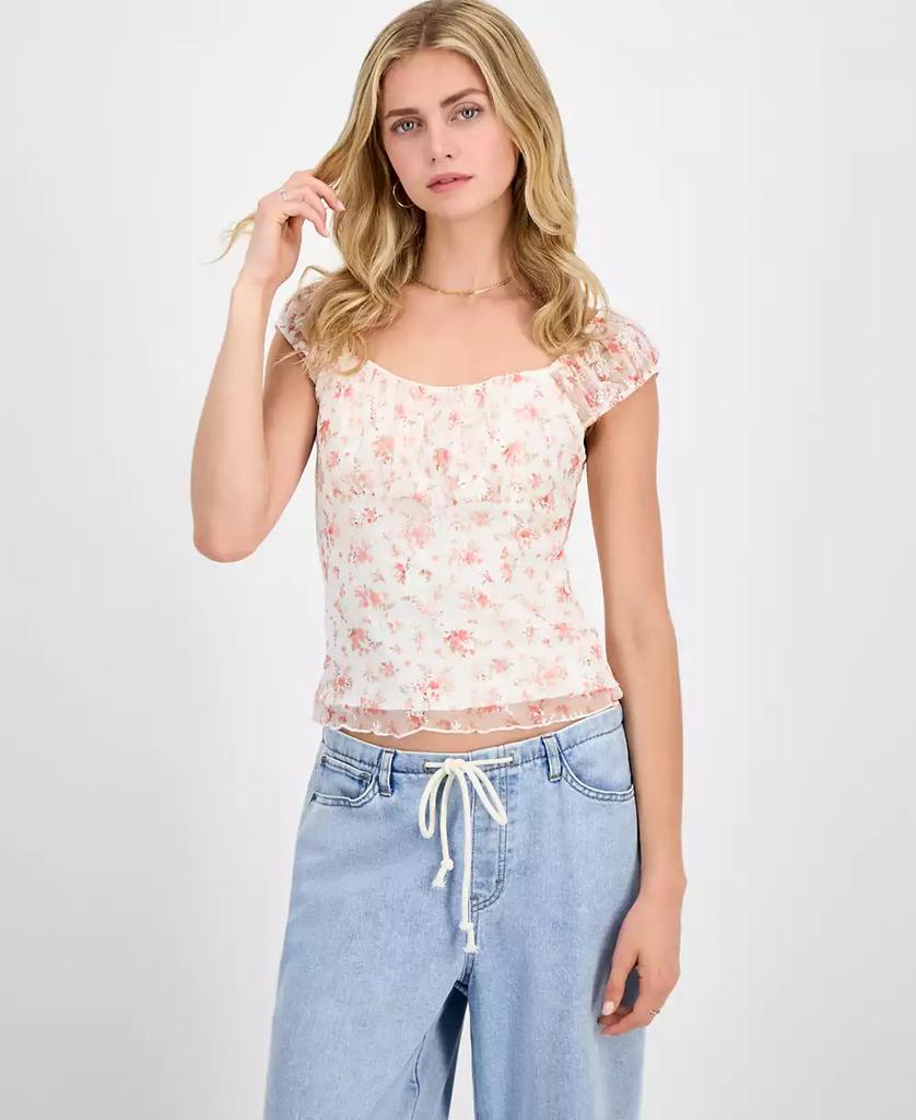 Madden Girl Juniors' Floral Printed Lace Cap-Sleeve Top
