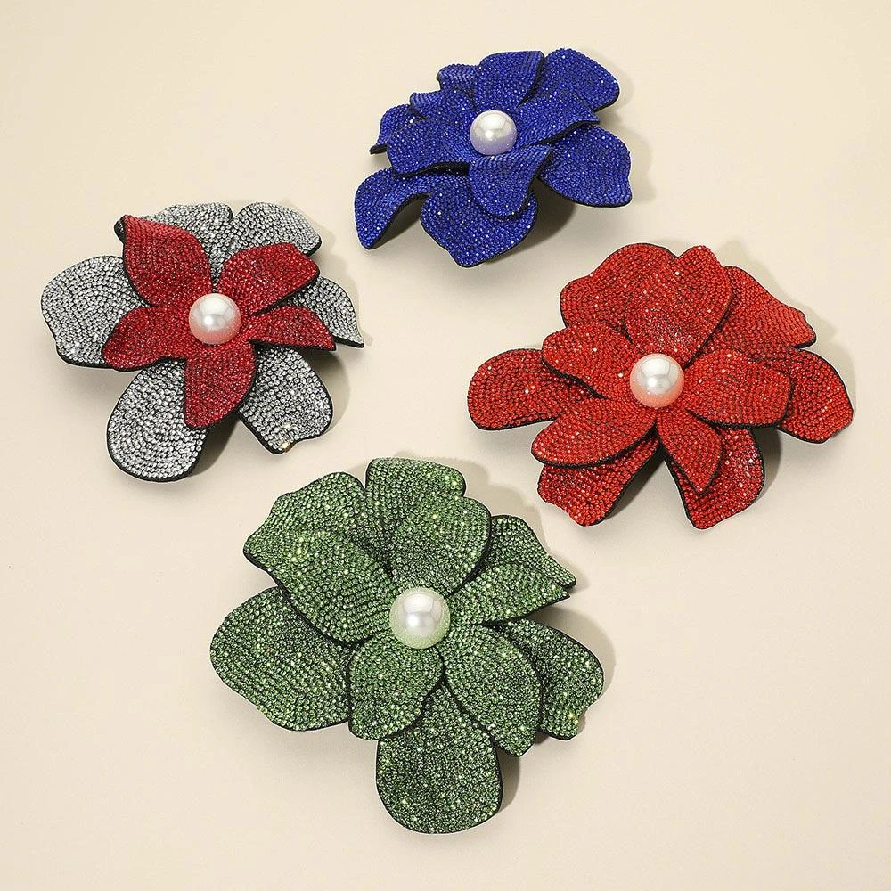 FASHNZFAB Pearl Accent Bling Studded Leopard Pattern Flower Pin Brooch Alligator Snap Hair Clip 4