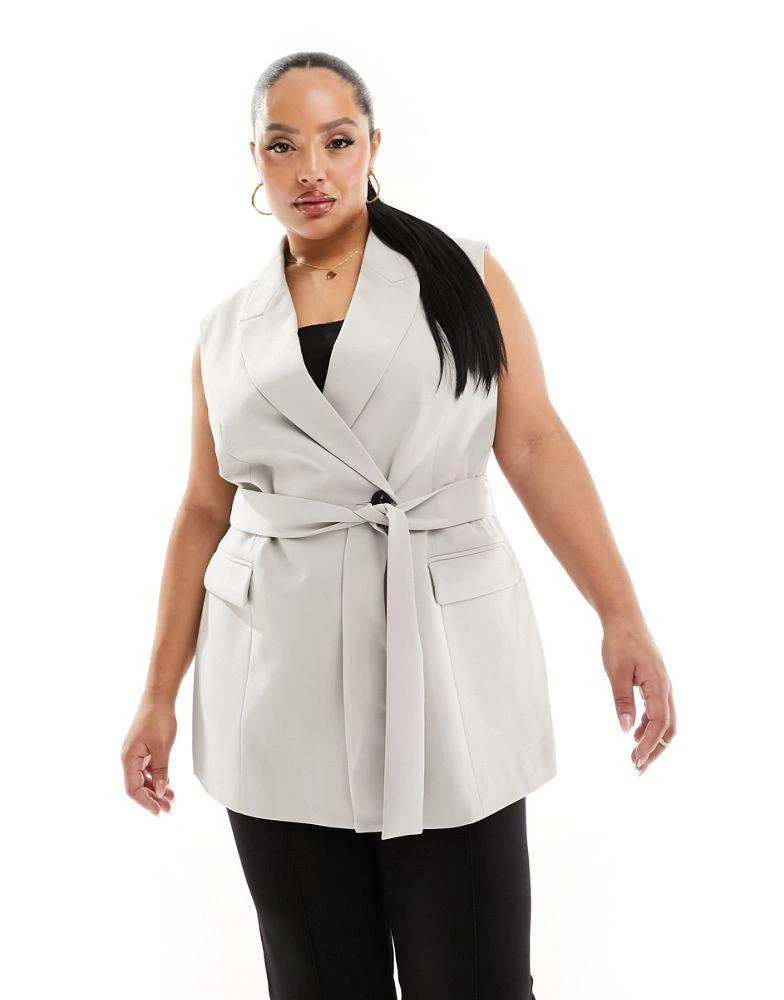ASOS ASOS DESIGN Curve sleeveless tailored blazer with tie waist in light grey 1