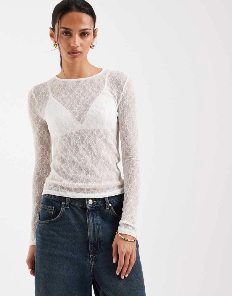 AWARE AWARE long sleeve round neck sheer lace top in white