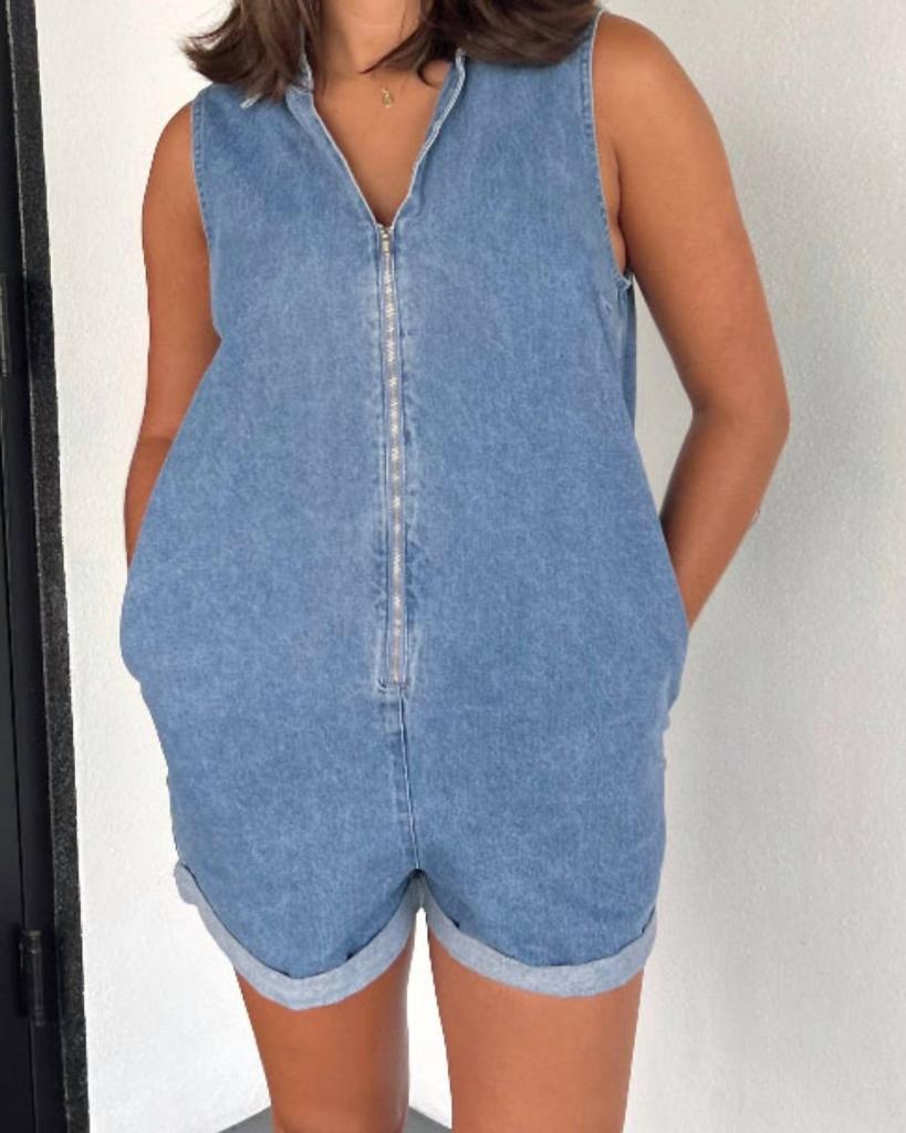Show Me Your Mumu Jett Denim Romper In Blue