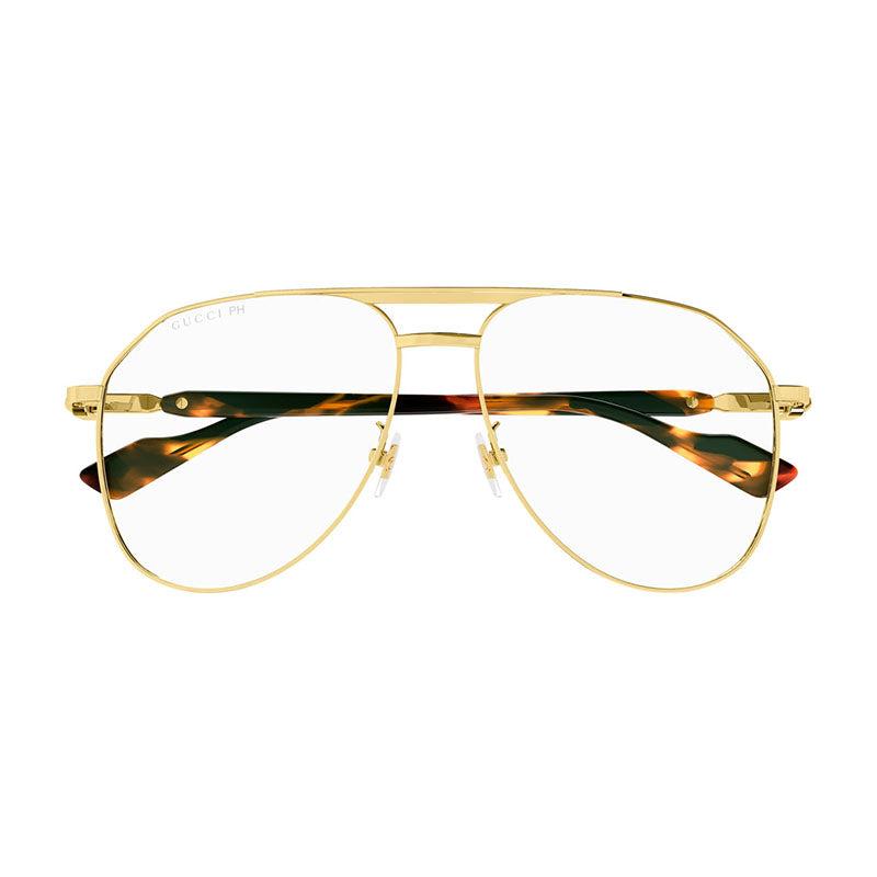 Gucci Gucci Aviator Full Rim, with a Gold frame and Transparent To Brown Photochromic lens.