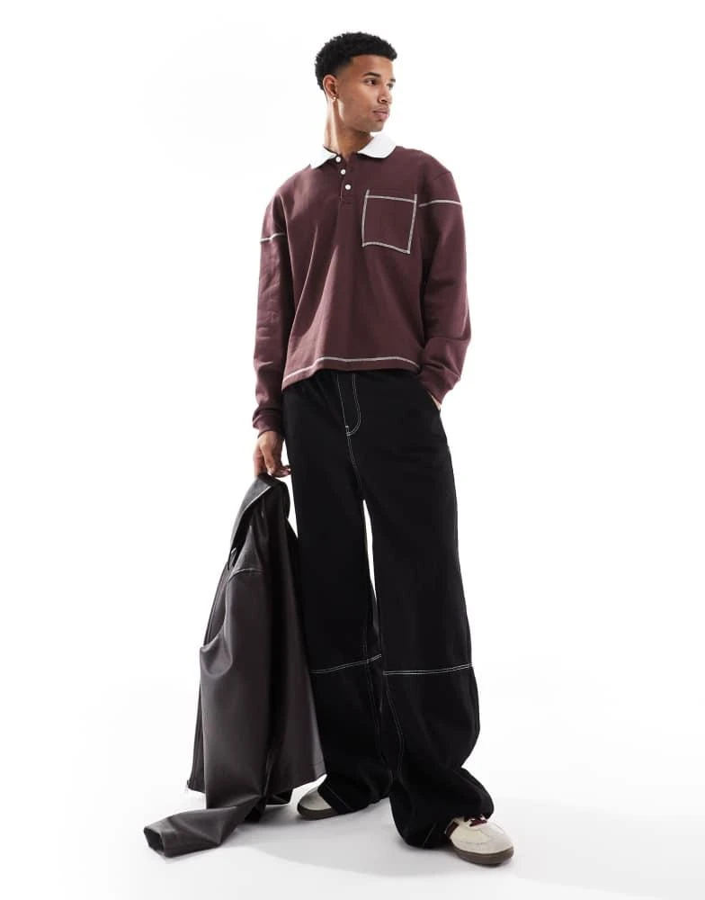ASOS ASOS DESIGN boxy rugby sweatshirt with contrast seam details in brown 4