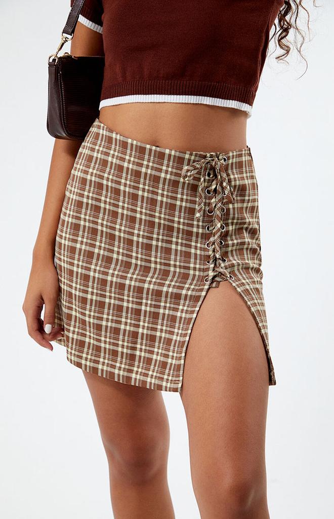 Daisy Street Plaid Lace Up Mini Skirt