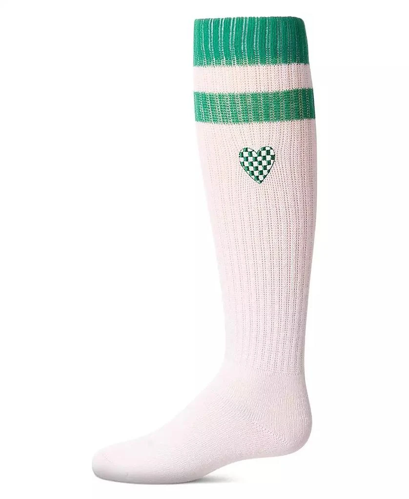 Memoi Little Girls Ribbed Varsity Stripe "Checkered Heart" Cotton Rich Knee Sock