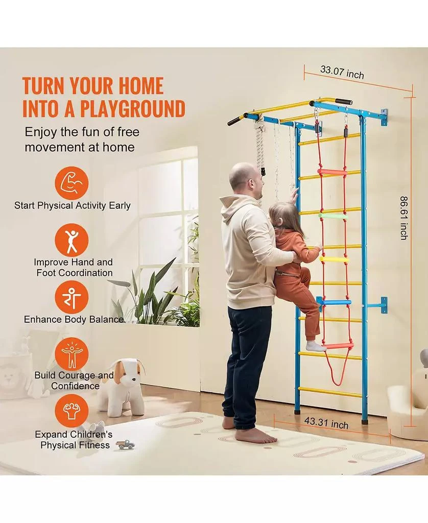 HONGGE Indoor Kids Climbing Gym with Pull Up Bar Rings Rope Ladder and Wall Playset 8