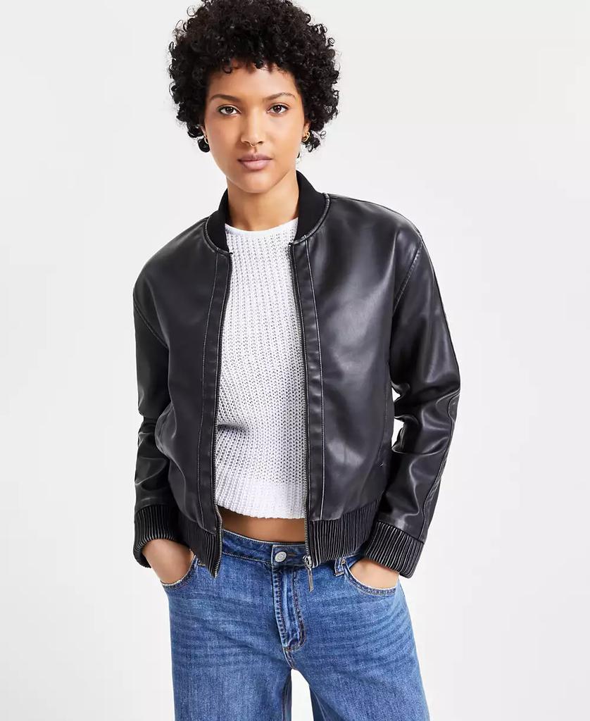 Jou Jou Juniors' Distressed Faux-Leather Bomber Jacket, Created for Macy's