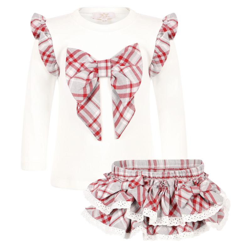 Caramelo Kids Ruffle and bow detailing long sleeved t shirt and skirt set in white and grey