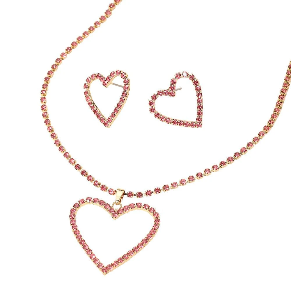 FASHNZFAB Gold Dipped Rhinestone Pave Open Heart Pendant Necklace 2