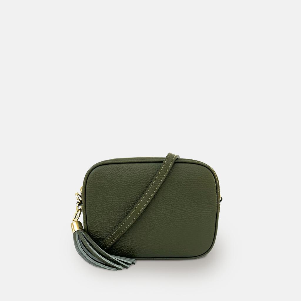 Apatchy London Olive Green Leather Crossbody Bag With Orange & Gold Stripe Camo Strap