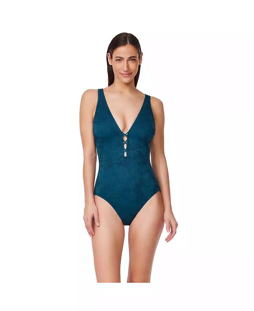 Profile by Gottex Women's Jolene Textured Deep V-Neck One-Piece Swimsuit