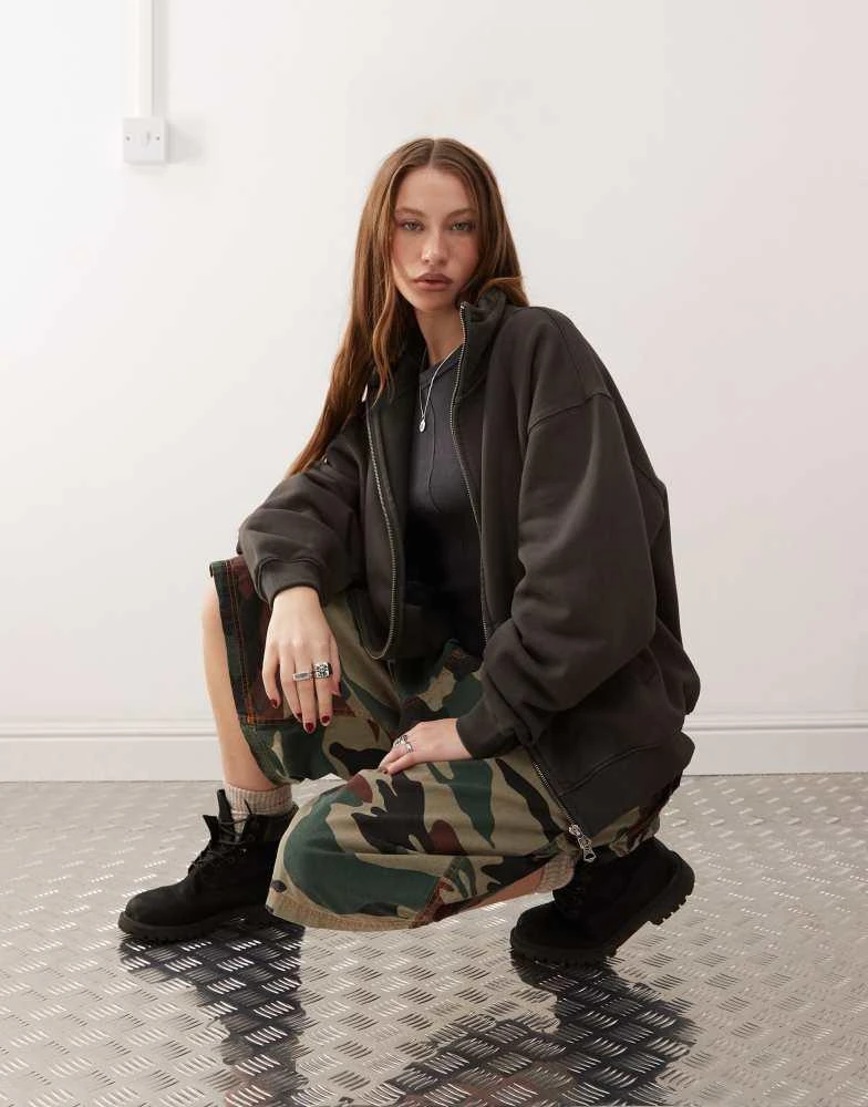 Weekday Weekday Jodi zip through funnel neck sweatshirt in dark grey 1