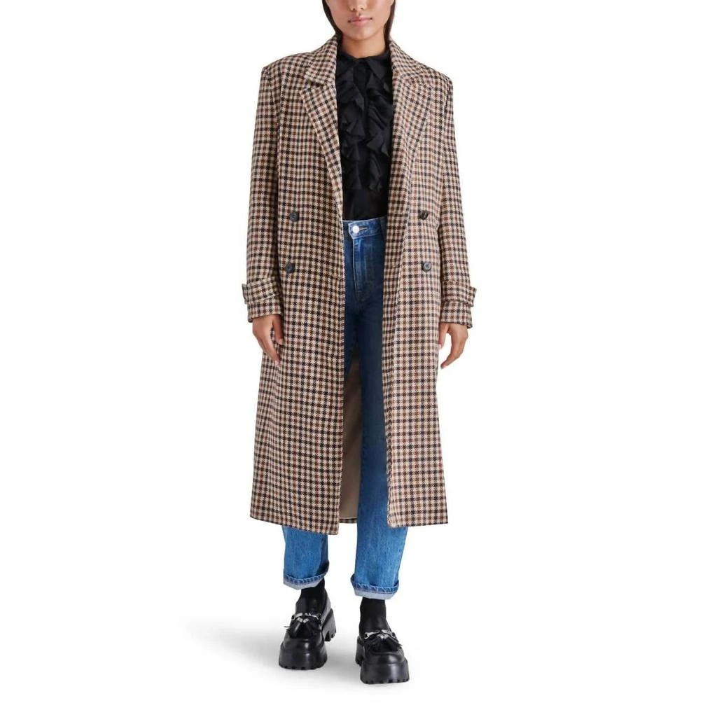 Steve Madden Prince Double Breasted Long Coat In Brown Plaid 1