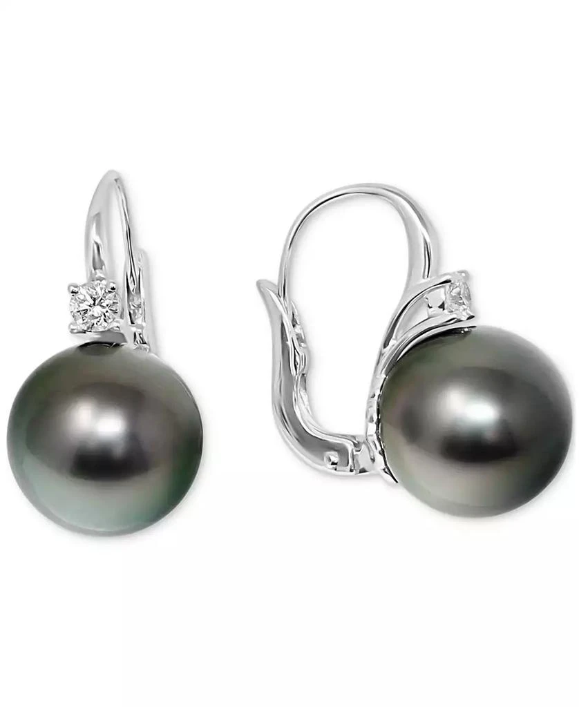 Macy's Cultured Tahitian Pearl (11mm) & Diamond (1/5 ct. t.w.) Leverback Earrings in 14k White Gold 1
