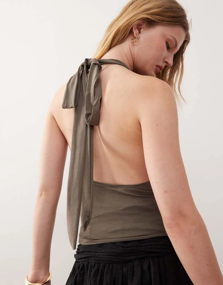 Weekday Weekday plunge drape front halter neck top with low back in dark mole 2