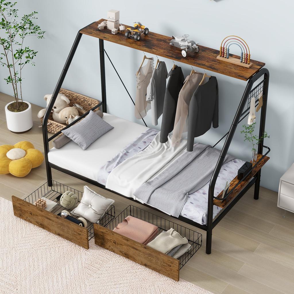 Simplie Fun Simplie Fun Twin Platform Bed with Clothes Rack, Shelves, Drawers