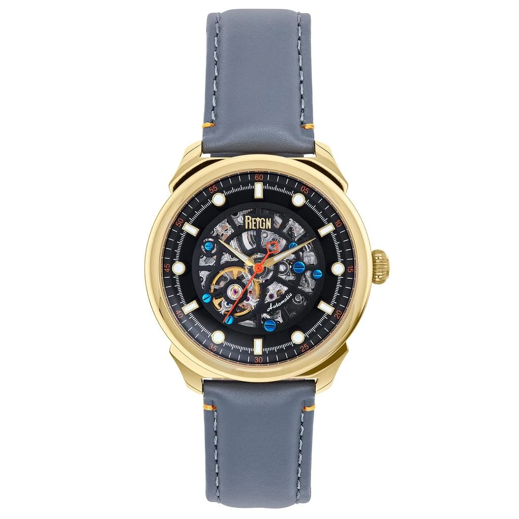 Reign Weston Automatic Skeletonized Leather-Band Watch - Gold/Grey 1