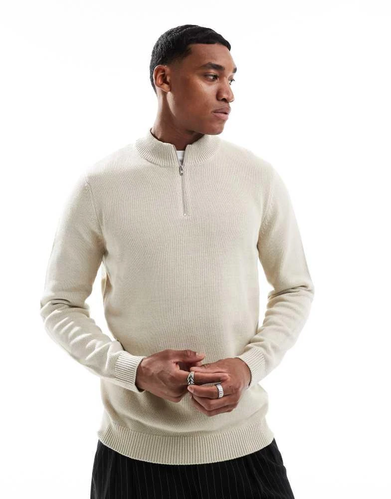 ASOS ASOS DESIGN midweight knitted quarter zip jumper in oatmeal 1