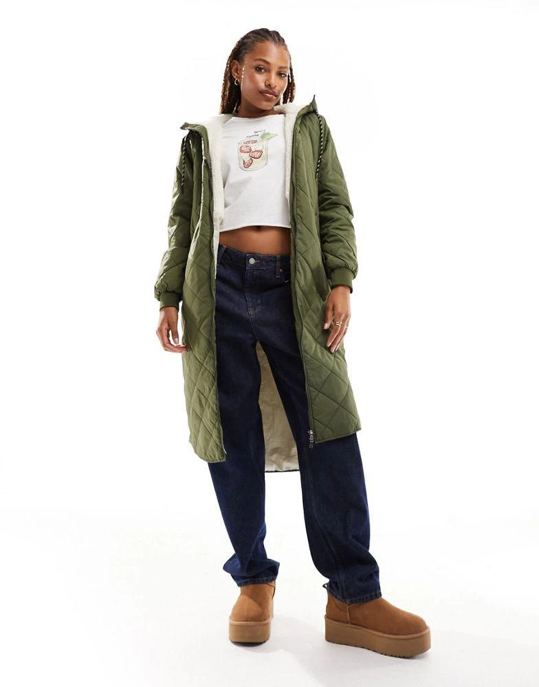 ONLY ONLY quilted longline coat with teddy hood in khaki 1