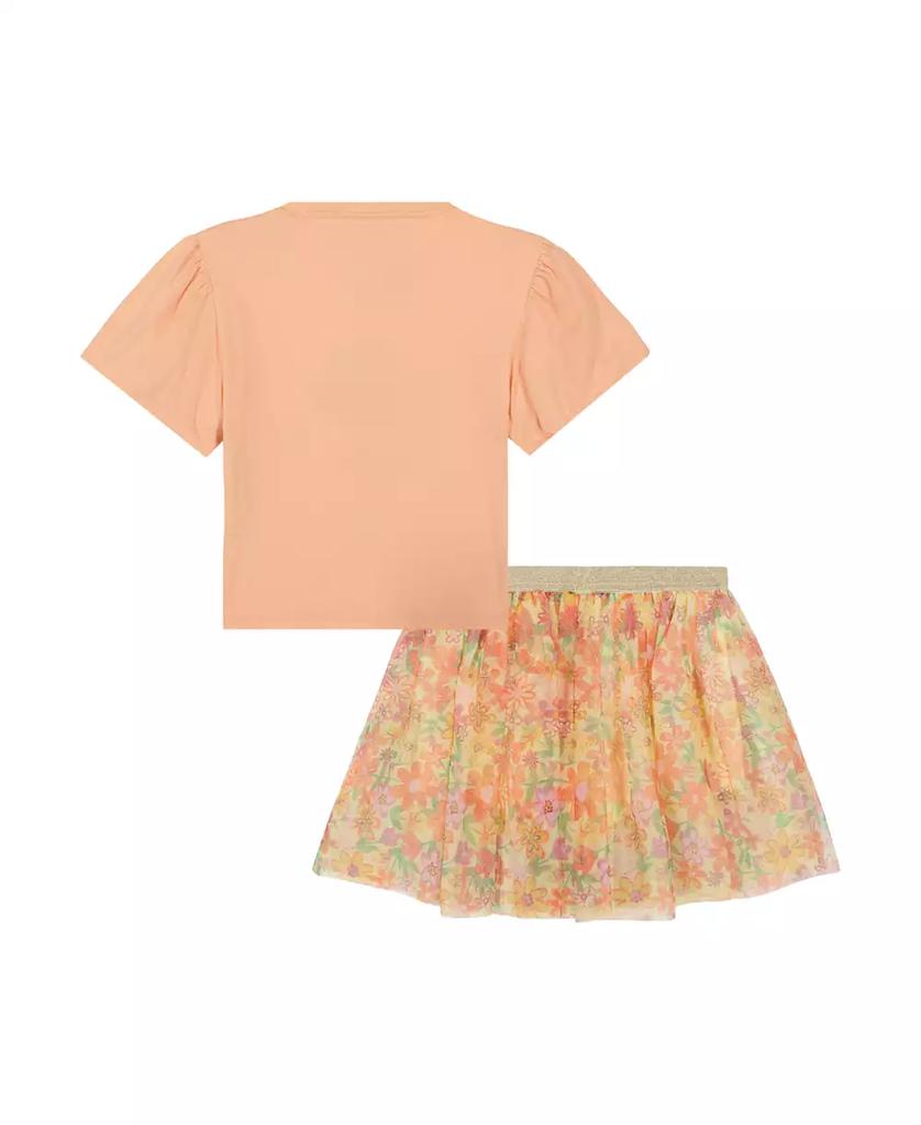 KIDS HEADQUARTERS Toddler and Little Girls 2-Piece Puff Sleeve Jersey Top Floral Print and Tulle Skort Set