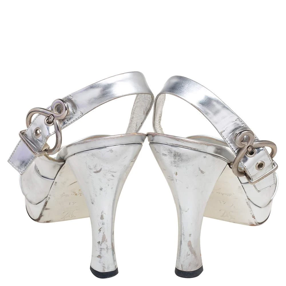 Louis Vuitton Louis Vuitton Silver Leather  Peep Toe Slingback Sandals Size 41 5