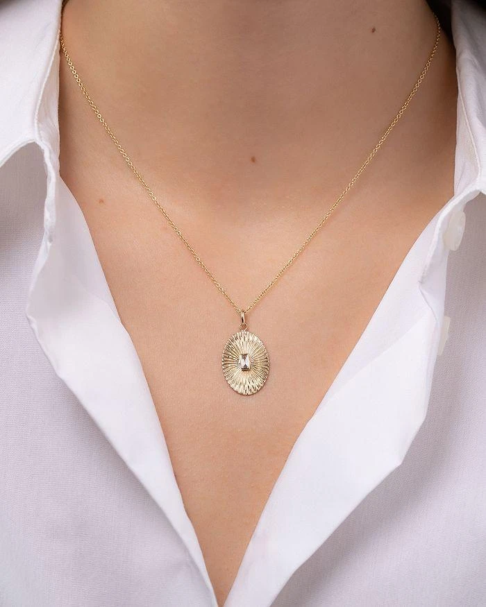 Zoe Lev 14K Gold Diamond Baguette Oval Pleated Disc Pendant Necklace, 16"-18" 3