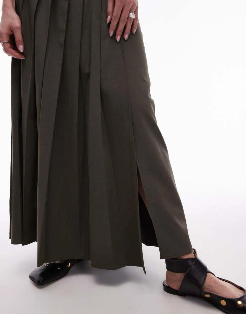 Mango Mango split side pleated midi skirt in khaki 4