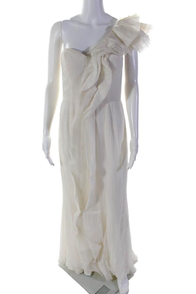 J. Mendel Womens Cream Ruffle One Shoulder Sleeveless Gown Dress