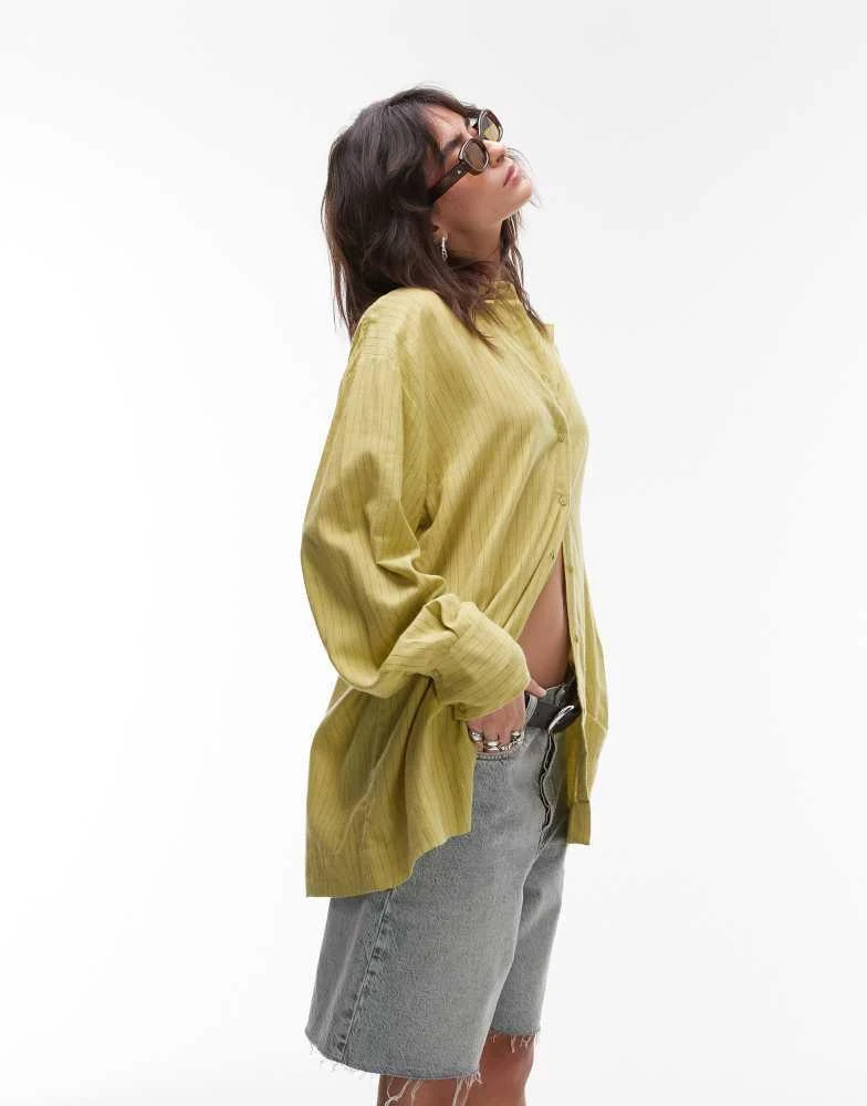 Topshop Topshop linen look shirt in green stripe 2