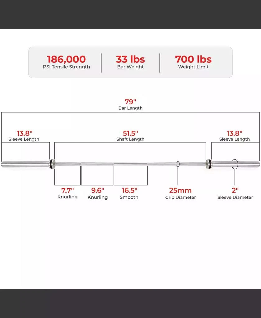 Sunny Health & Fitness 79” (6.6 ft) Olympic Barbell Bar 7