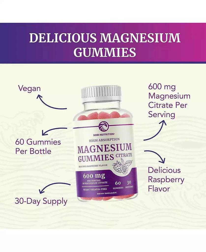 Nobi Nutrition Magnesium Citrate Gummies, Absorption Magnesium for Calm, Relaxation 
Digestion, Raspberry Flavor, 60ct 7