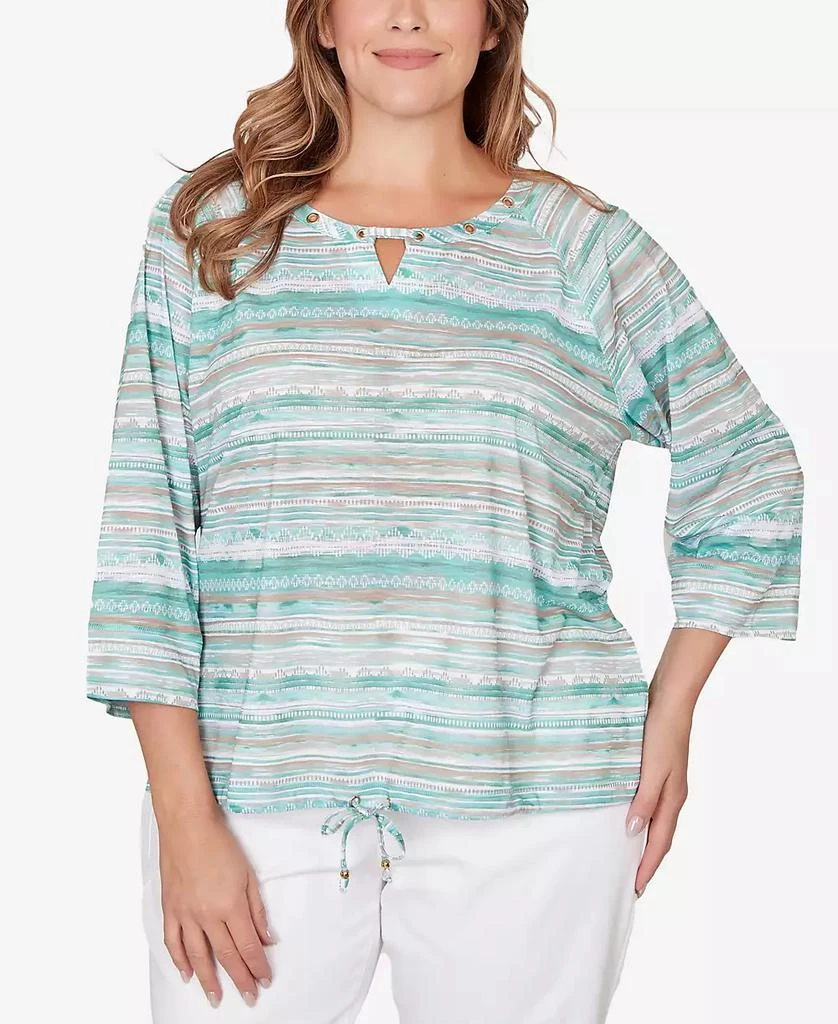 HEARTS OF PALM Plus Size Printed Slub 3/4 Sleeve Blouson Top