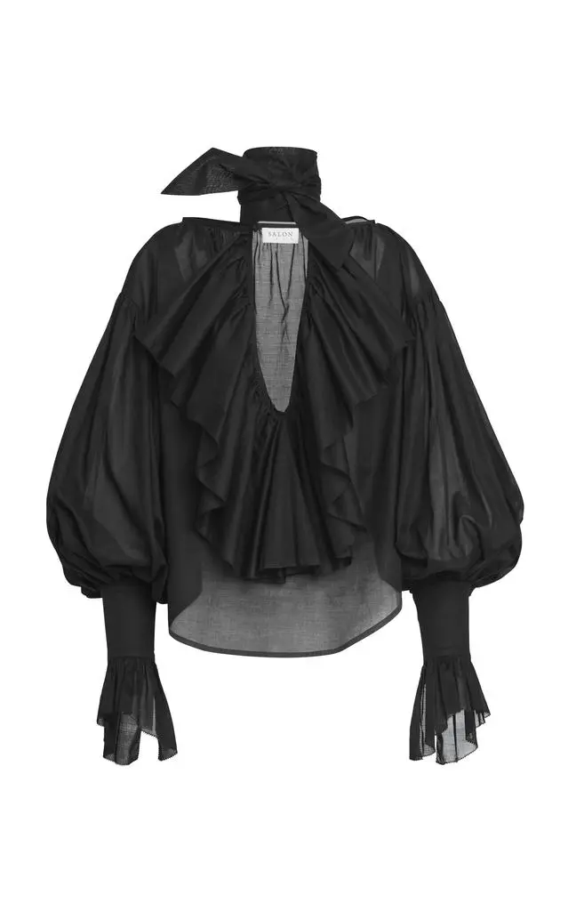 SALON 1884 SALON 1884 - Giacomo Ruffled Cotton-Voile Tie-Neck Top - Black - FR 38 - Moda Operandi 1