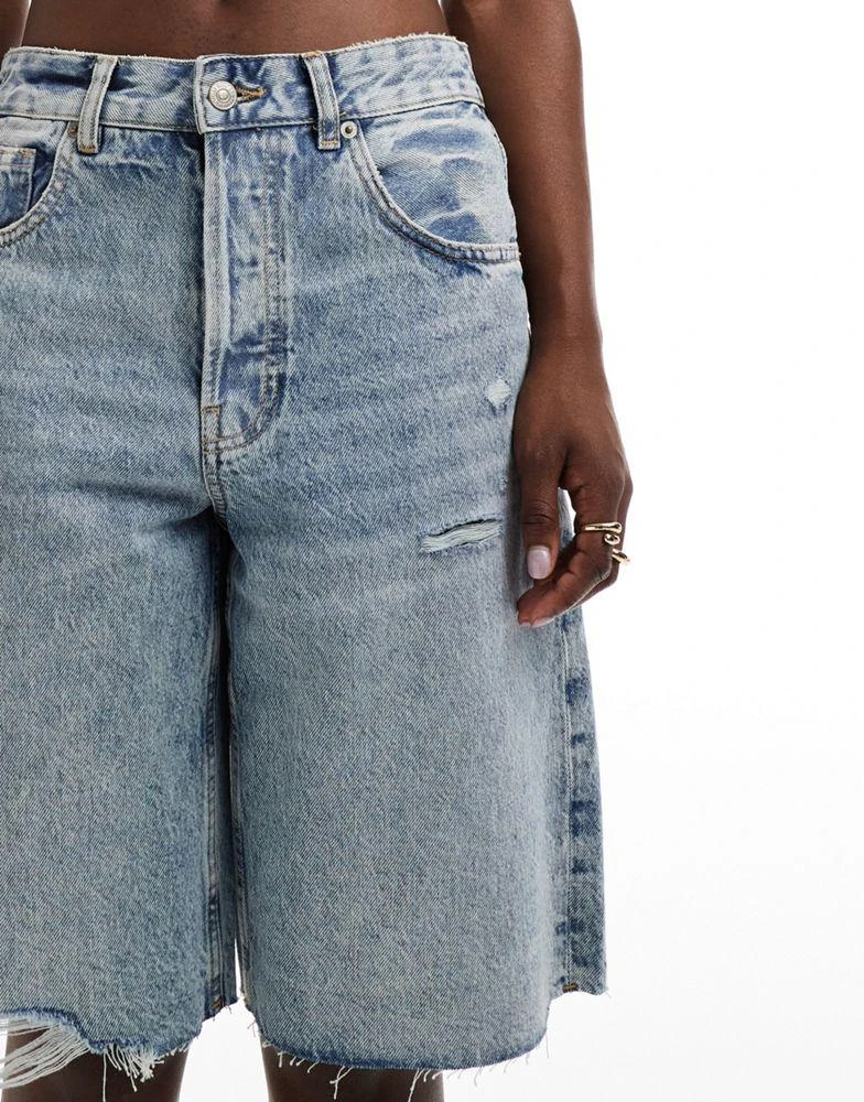 Mango Mango longline raw hem denim shorts in light blue 5