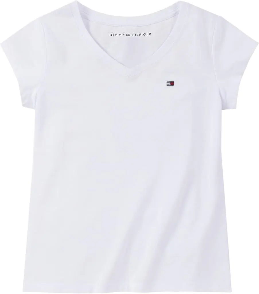 Tommy Hilfiger Tommy Hilfiger girls Short Sleeve Solid V-neck T-shirt, Everyday Casual Wear, Soft & Comfortable Fit