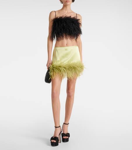 Shop Feather-trimmed satin miniskirt on Sale at BeyondStyle