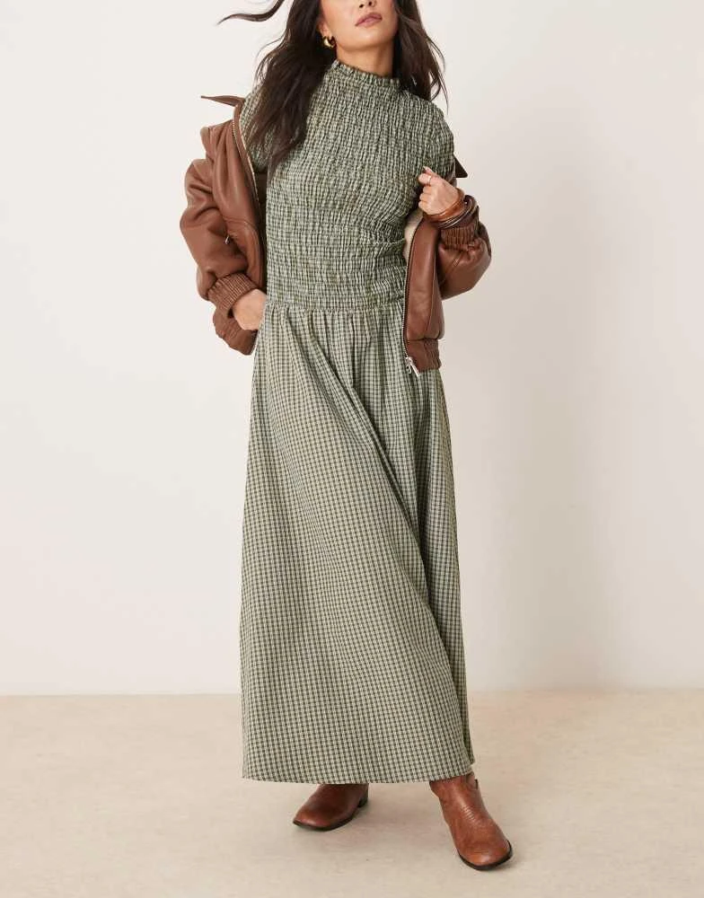 Glamorous Glamorous long sleeve shirred maxi dress in green and blue check 1