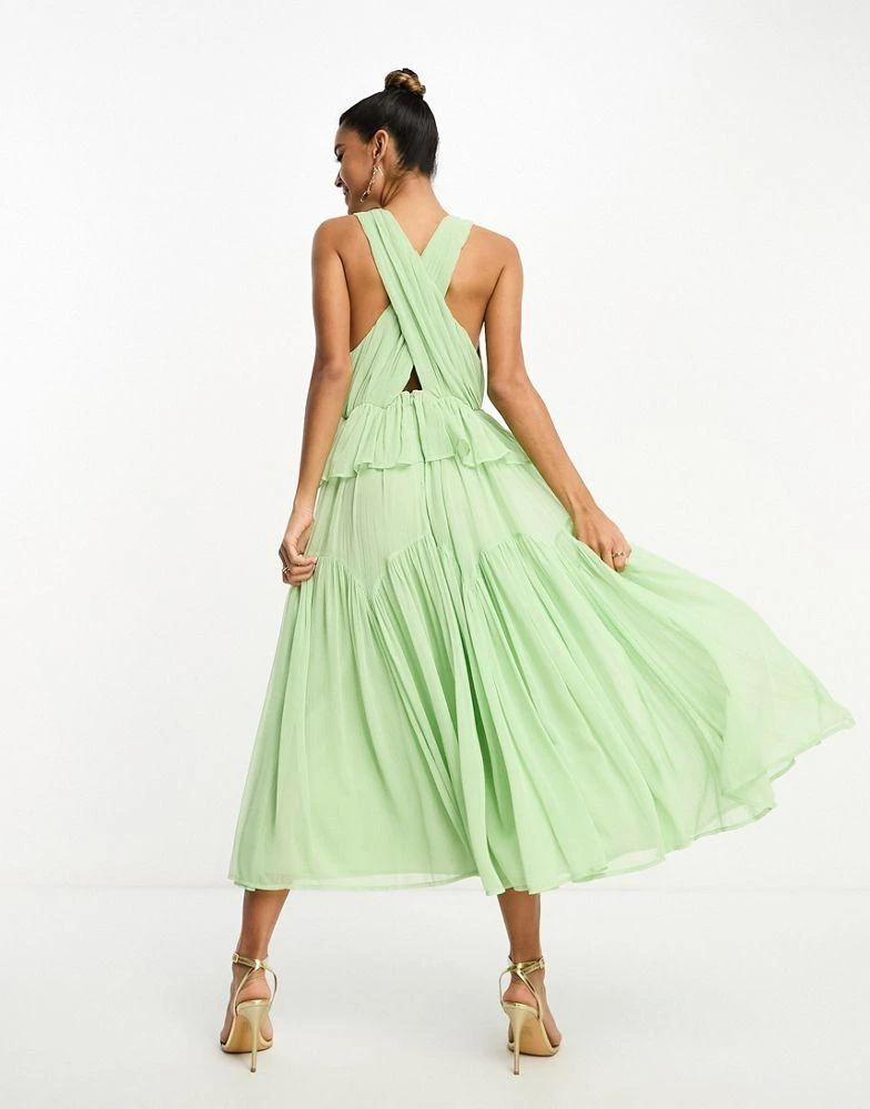 ASOS DESIGN ASOS DESIGN plunge pleated tiered midi dress in sage green 2