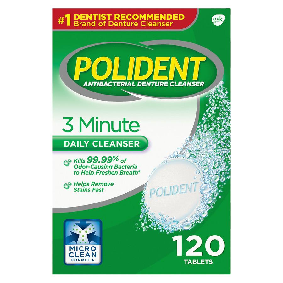 Polident 3 Minute Antibacterial Denture Cleanser Effervescent Tablets Triple Mint