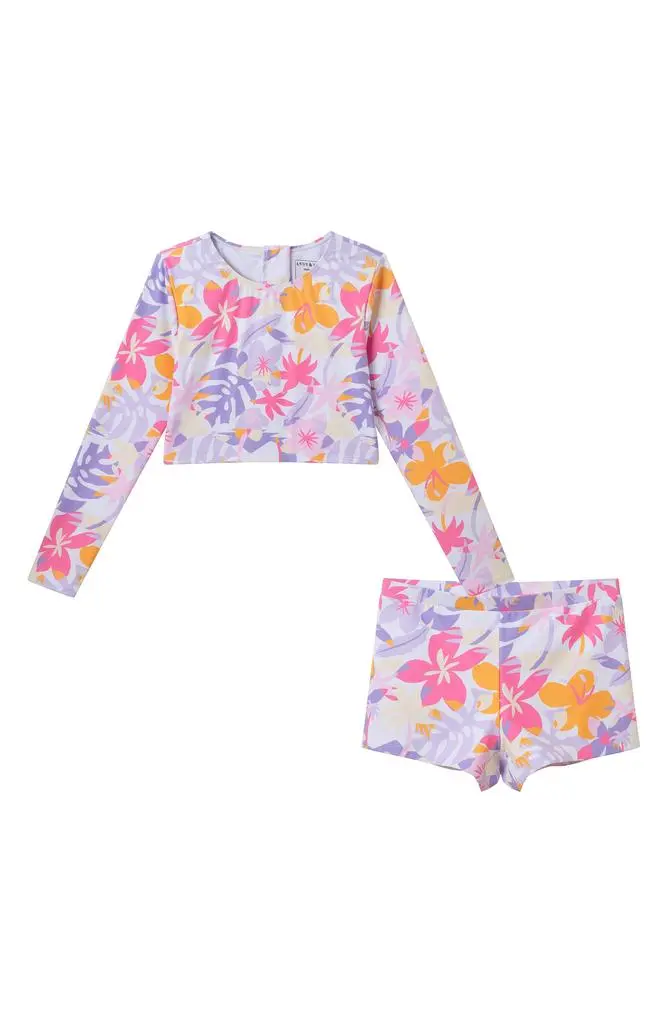 Andy & Evan Andy & Evan Kids' Palm Print Long Sleeve Crop Rashguard Two-Piece Swimsuit