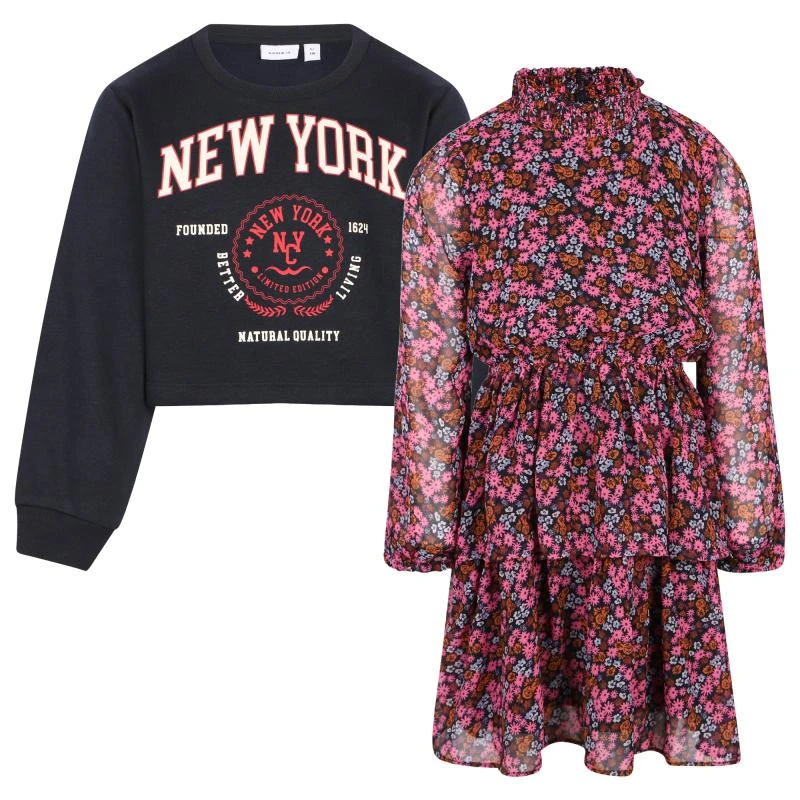 NAME IT® Ditsy floral layered long sleeve dress and new york cropped sweatshirt set 1