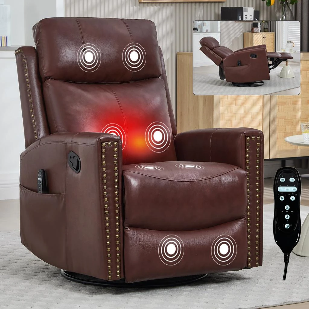 Streamdale Furniture Streamdale Wine Red Leather Heat Massage Rocker Recliner