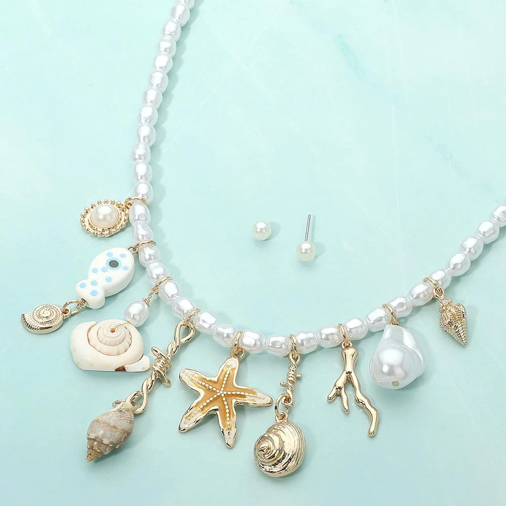 FASHNZFAB Coastal Starfish Shell Fish Charm Station Beaded Pearl Necklace