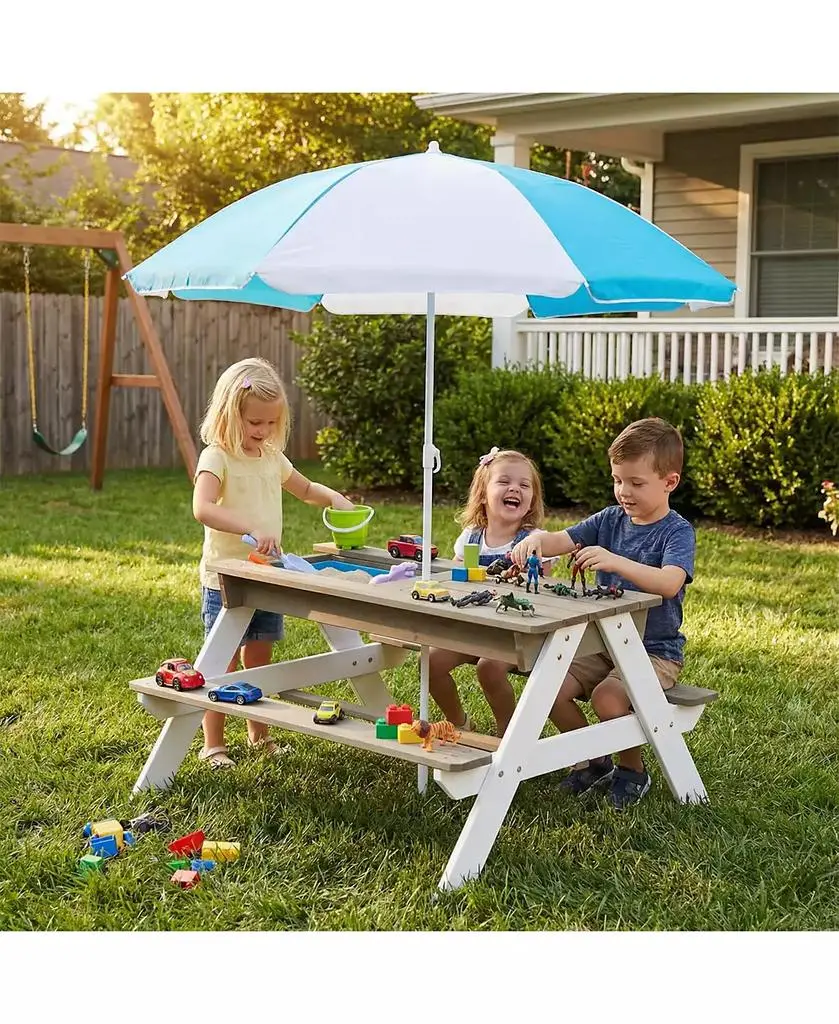 Clihome Wooden Kids Picnic Table, Sand And Water Table With Umbrella, Activity Table For Patio Play