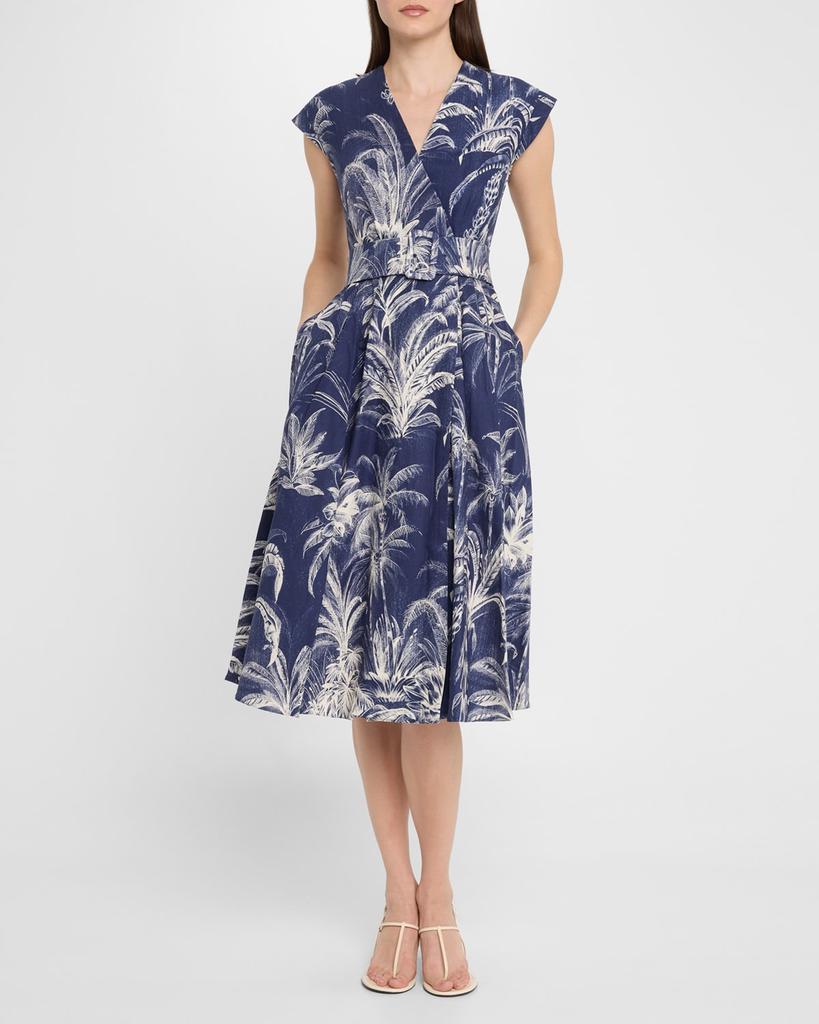 Marella Belted Palm Tree-Print Midi Dress