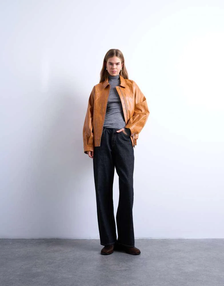 Topshop Topshop faux leather zip through seam detail jacket in tan 2