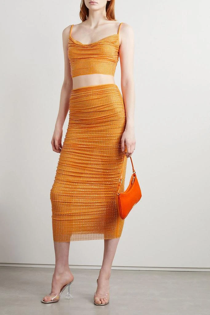 Self Portrait Ruched crystal-embellished mesh midi skirt 2