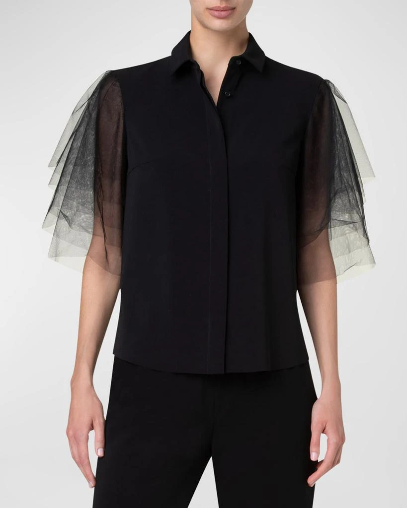 Akris Layered Tulle-Sleeve Button-Down Blouse 4