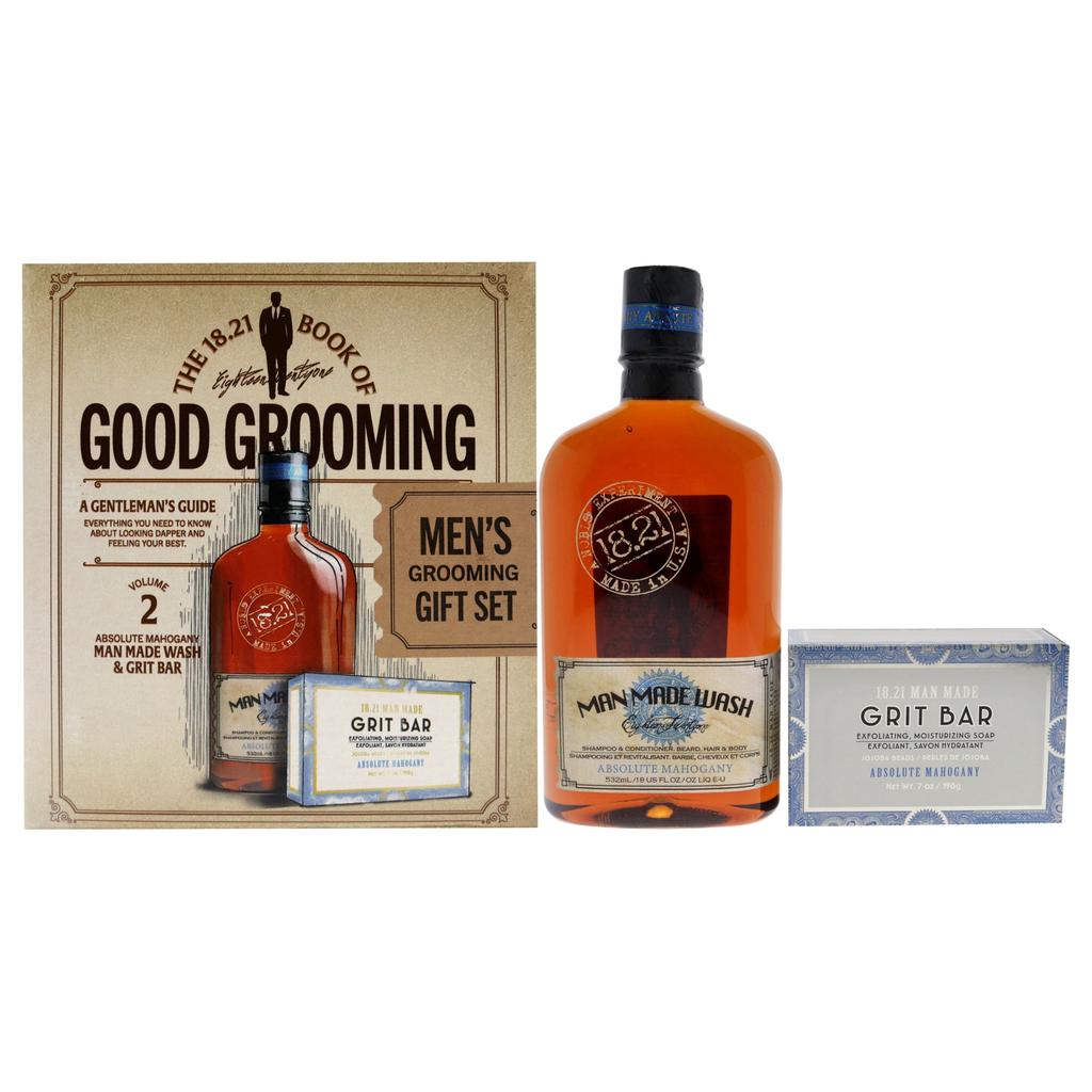 18.21 Man Made Book of Good Grooming Volume 2 Set - Absolute Mahogany by  for Men - 2 Pc 18oz Man Made Wash 3-In-1 Shampoo, Conditioner and Body Wash, 7oz Grit Bar